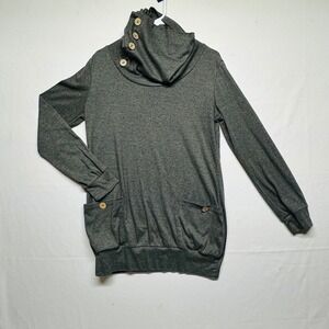 Levaca Gray Cowl Neck Long Sleeve Button Pockets Casual Tunic Top Womens‎ L
